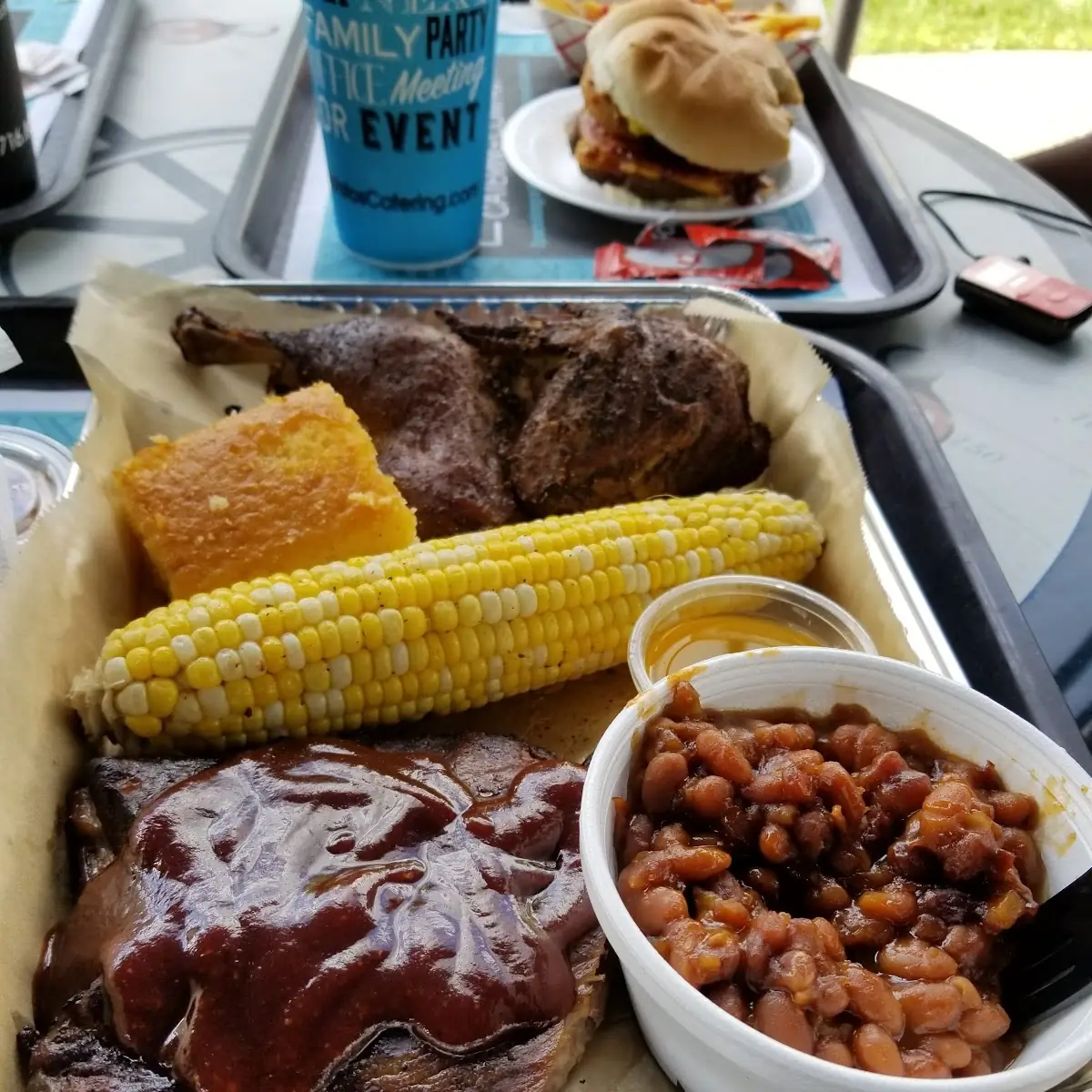 Chicken and Rib Dinner with Corn and Baked Beans