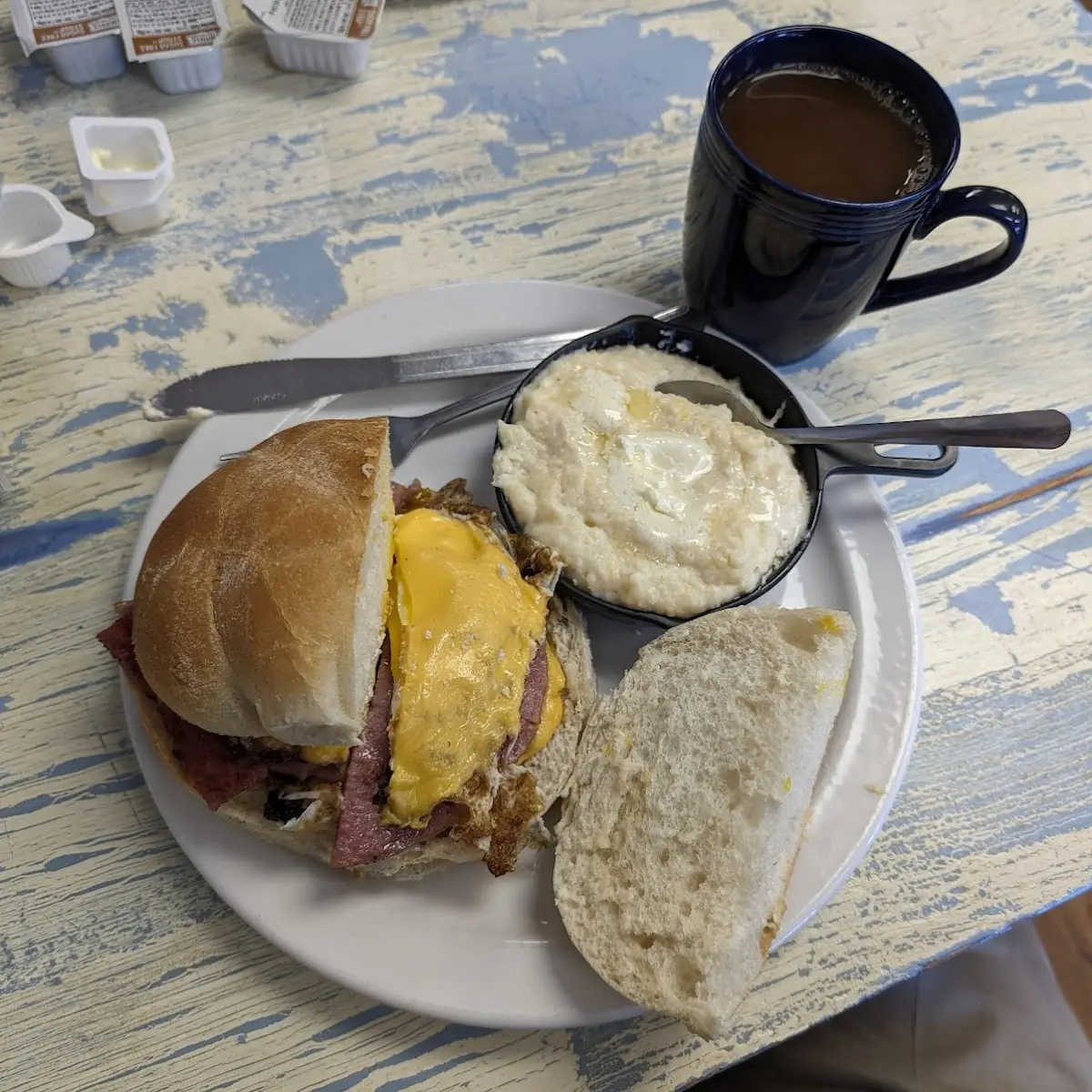 Pork Roll Egg and Cheese Sandwich Grits Coffee