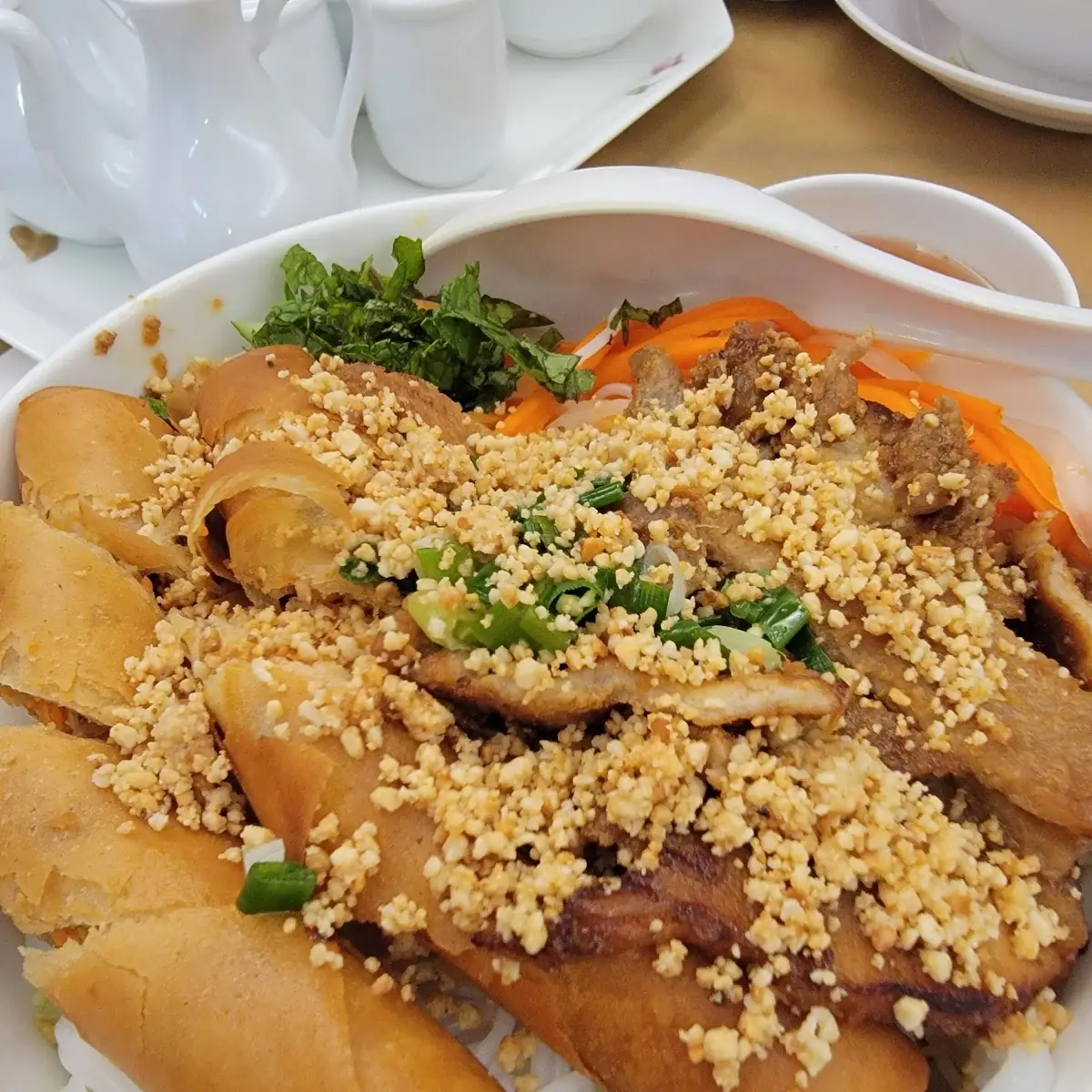 Vermicelli with Barbecue Pork and Spring Rolls