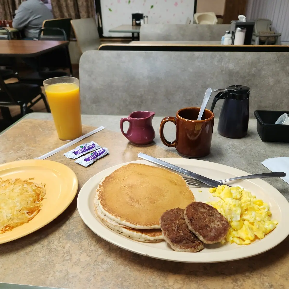 Pancakes Hashbrowns and Turkey Sausage