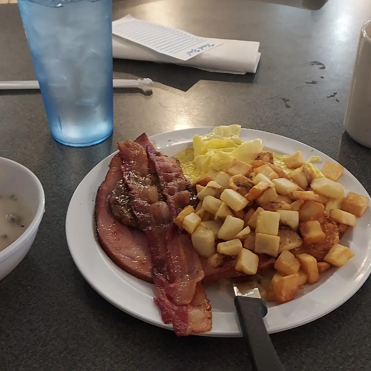Bacon Ham Scrambled Eggs and Breakfast Potatoes