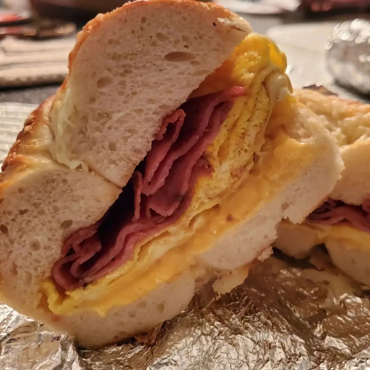 Taylor Ham Egg and Cheese on an Asiago Bagel