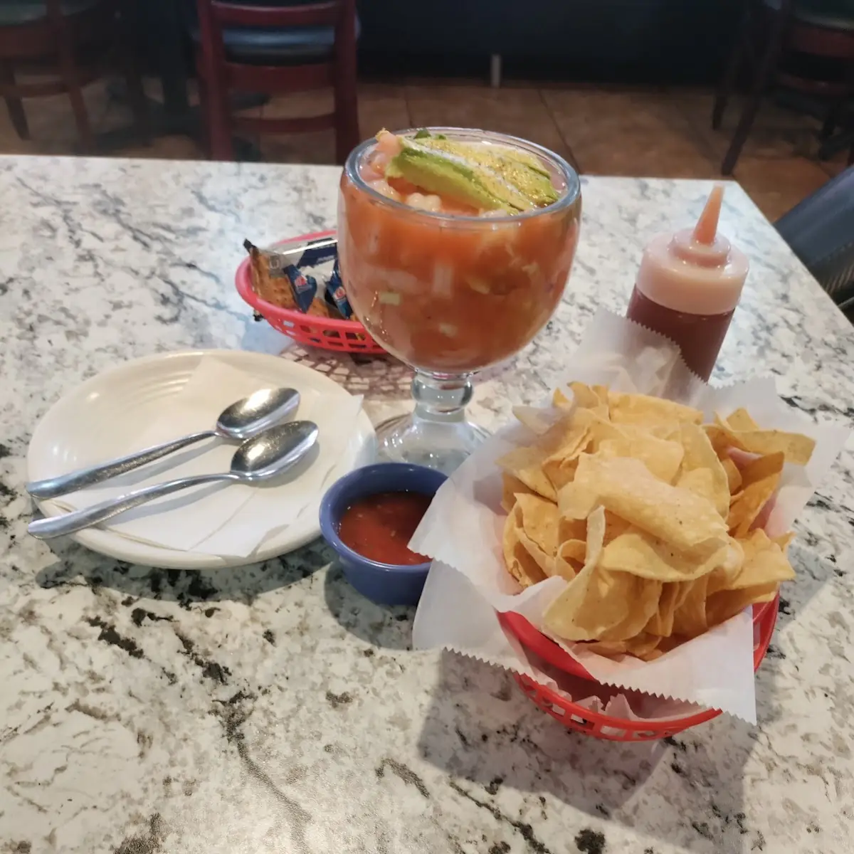 Chips Salsa and Shrimp Cocktail
