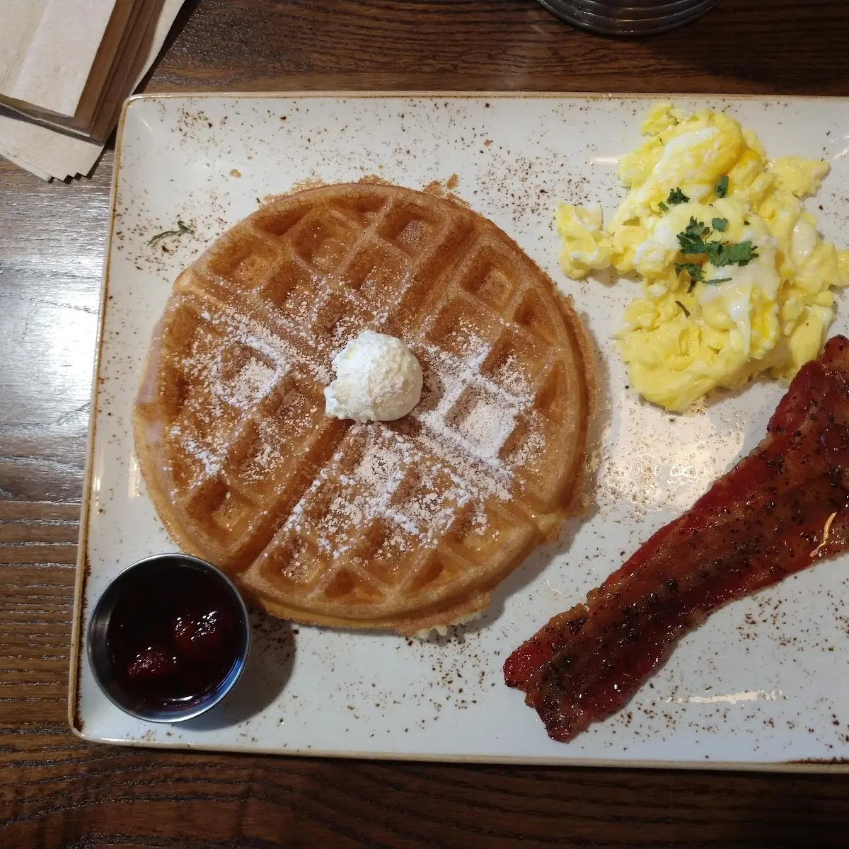 Belgian Waffle Soft Scrambled Eggs with Million Dollar Bacon