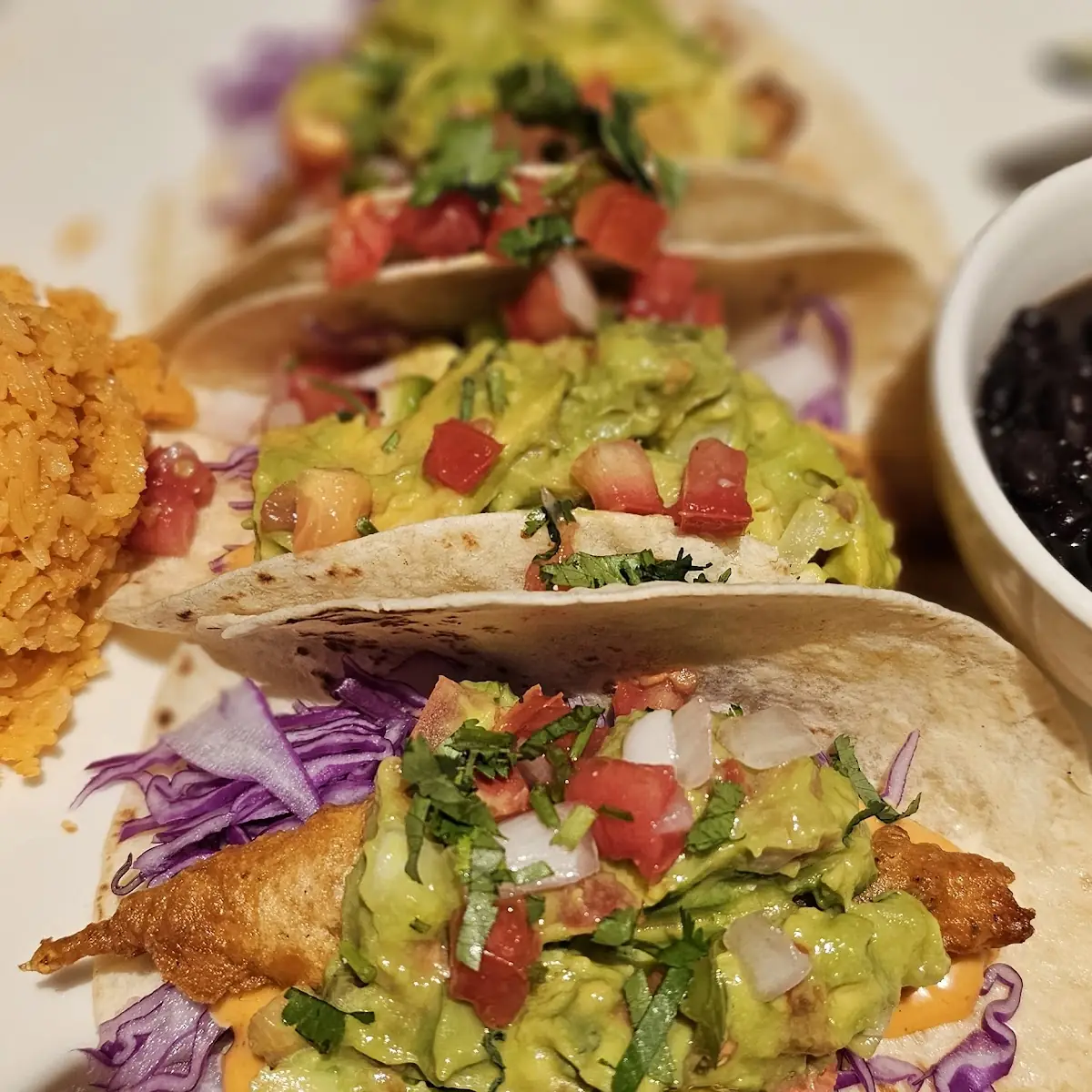 Fried Fish Tacos and Rice with Beans