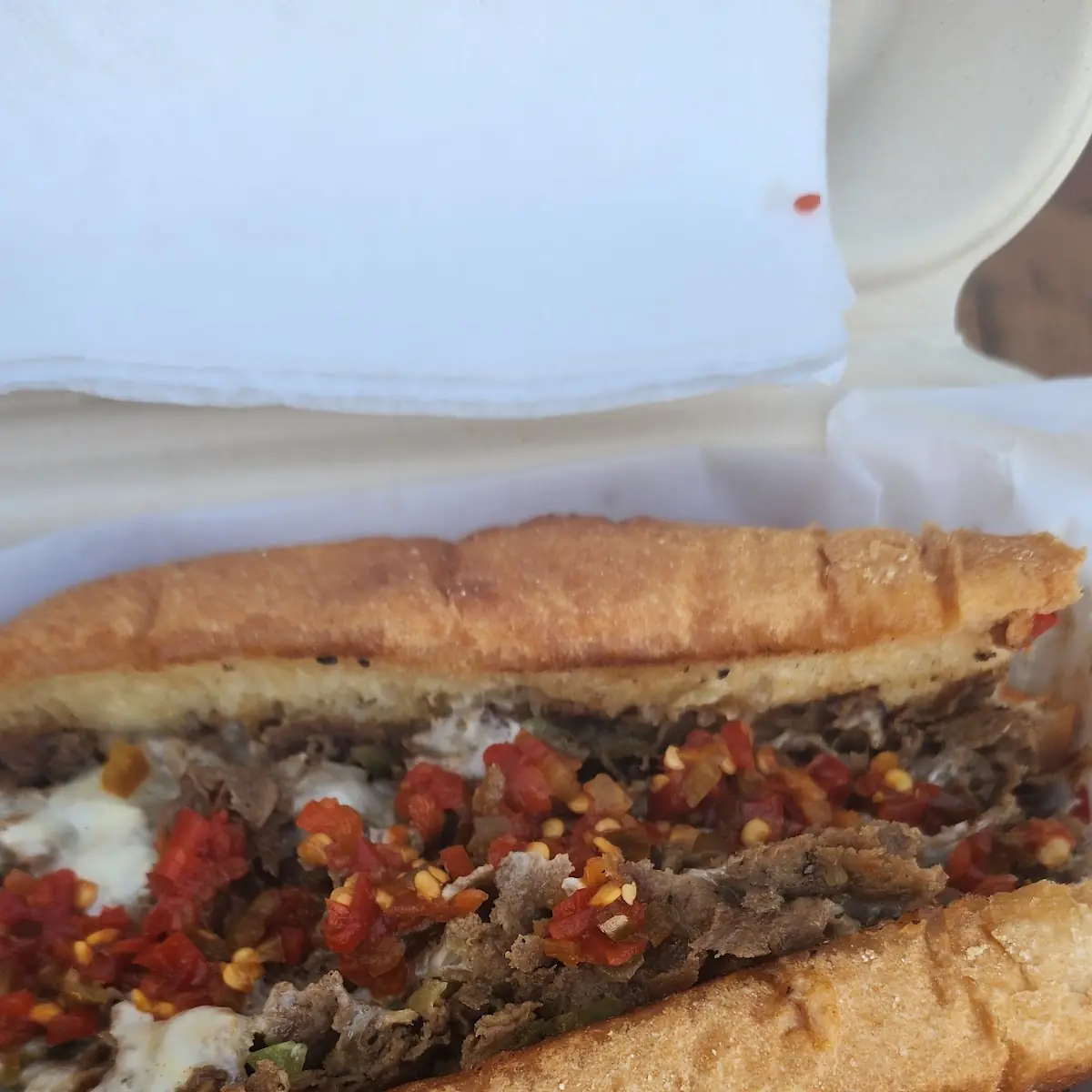 Philly Cheesesteak Sandwich with Peppered Relish