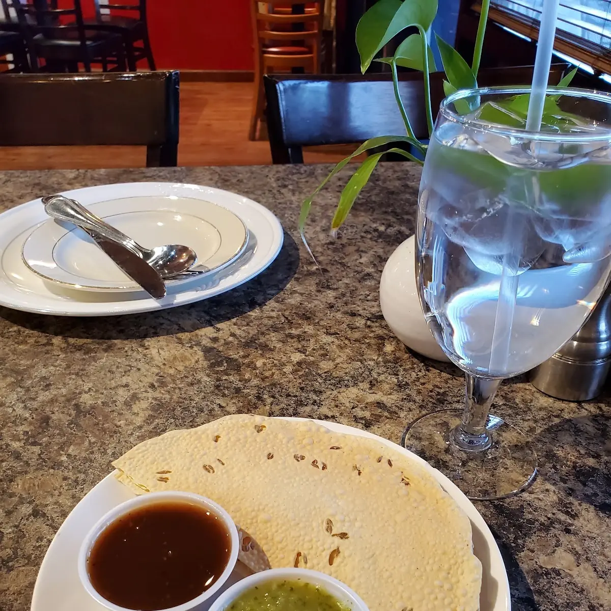 Papadum with Plum Chutney and Green Chutney