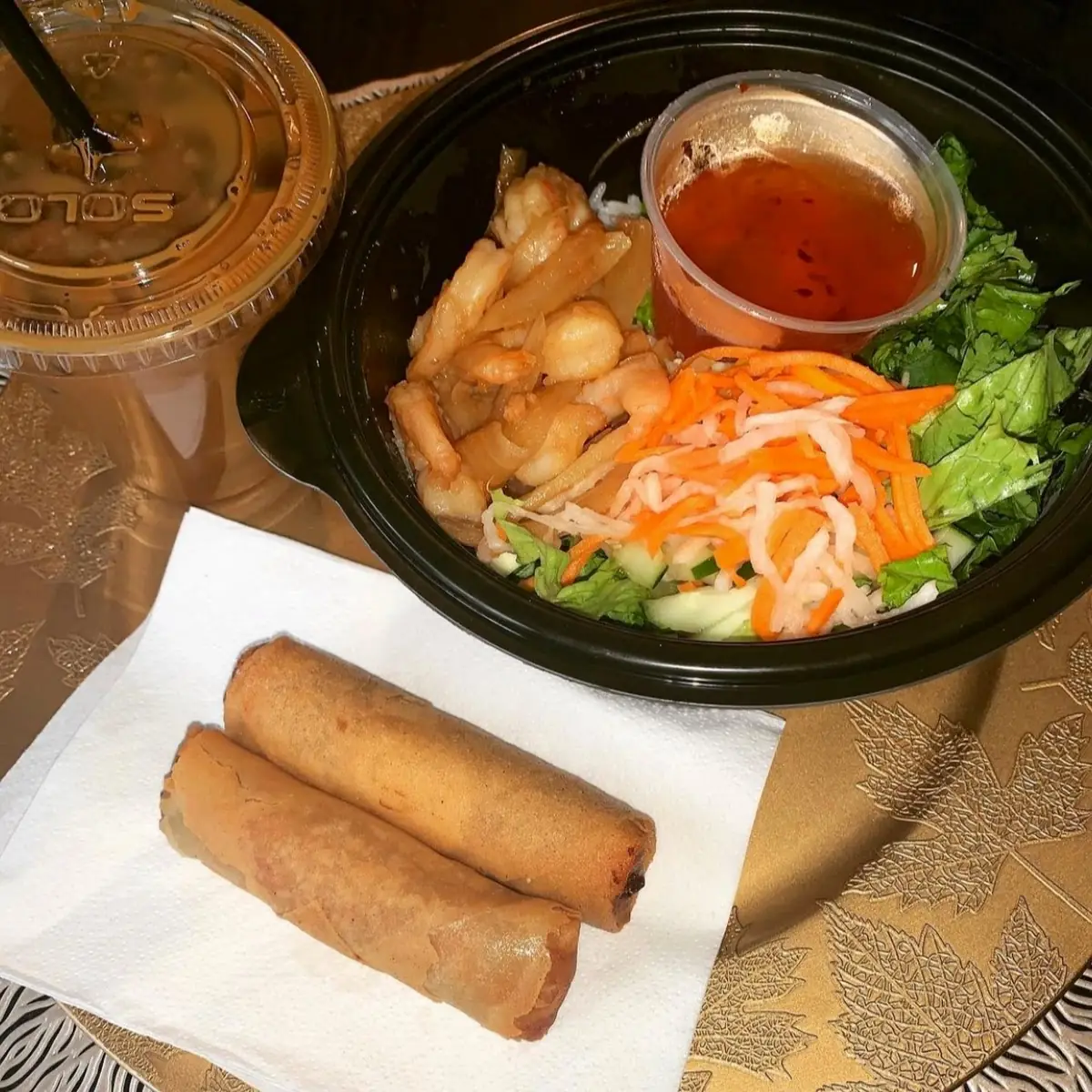 Noodle Bowl with Veggie Egg Rolls