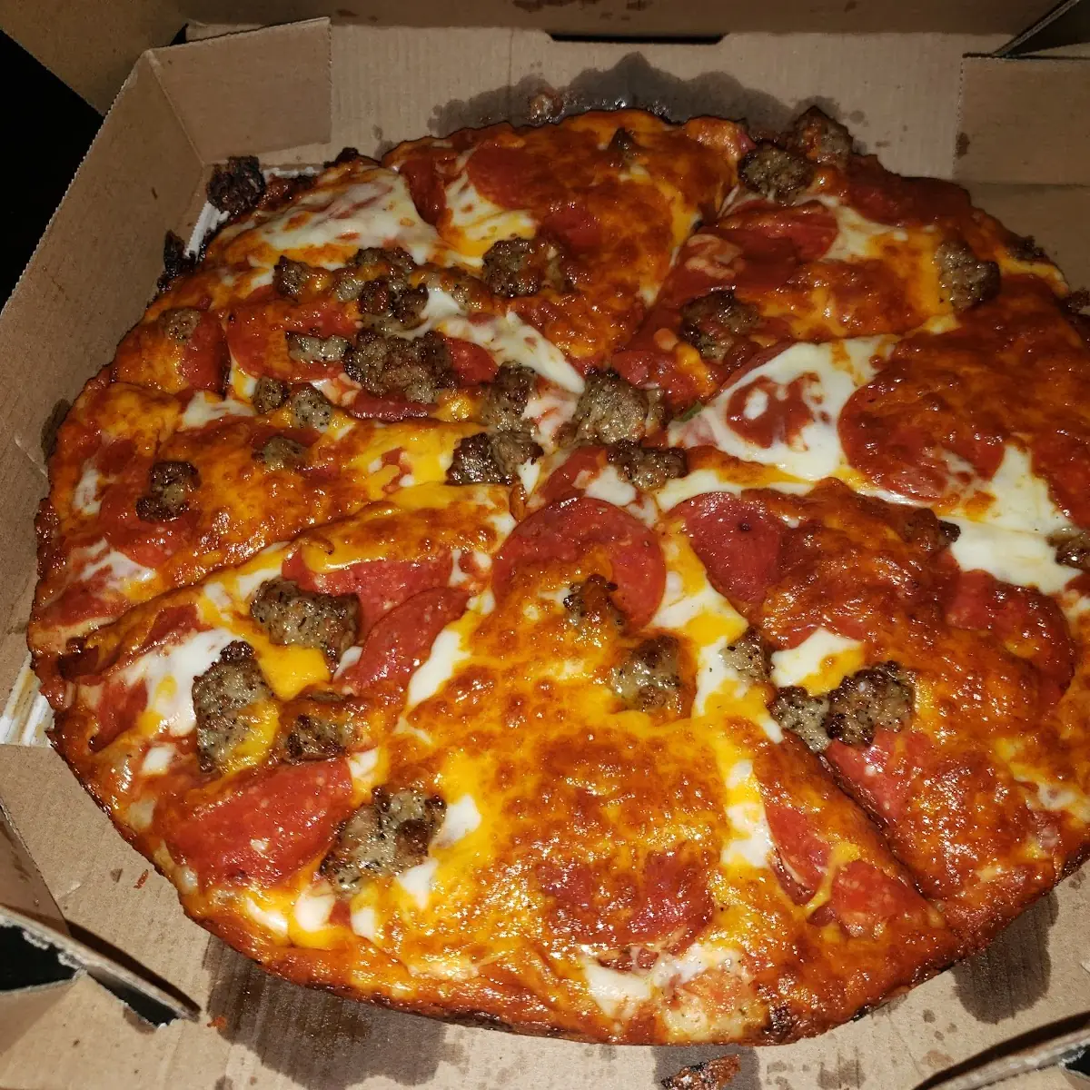 Sausage Pepperoni Cheddar Cheese Pan Crust