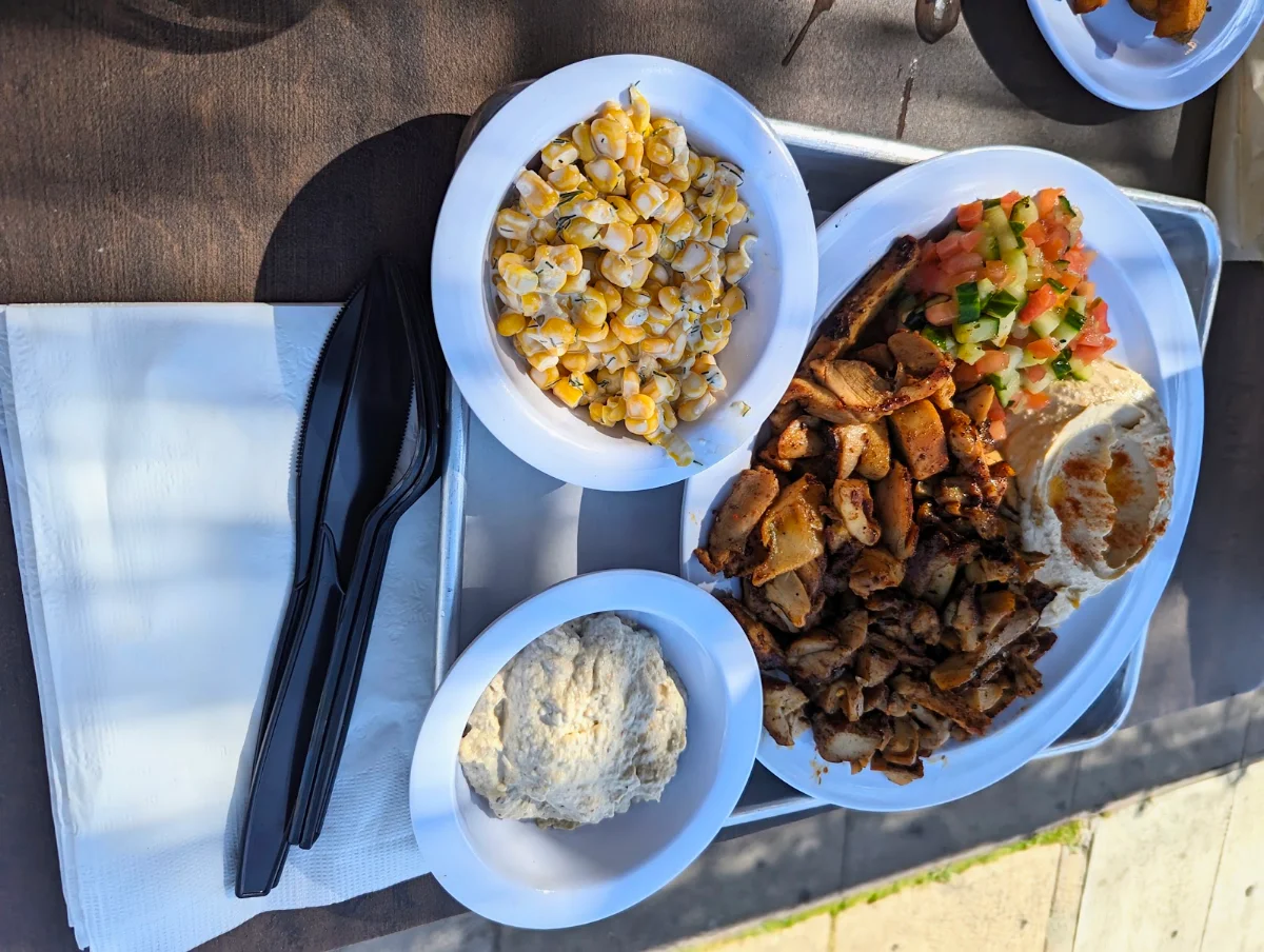 Chicken Shawarma with Corn Hummus Baba Ghanoush and Salad