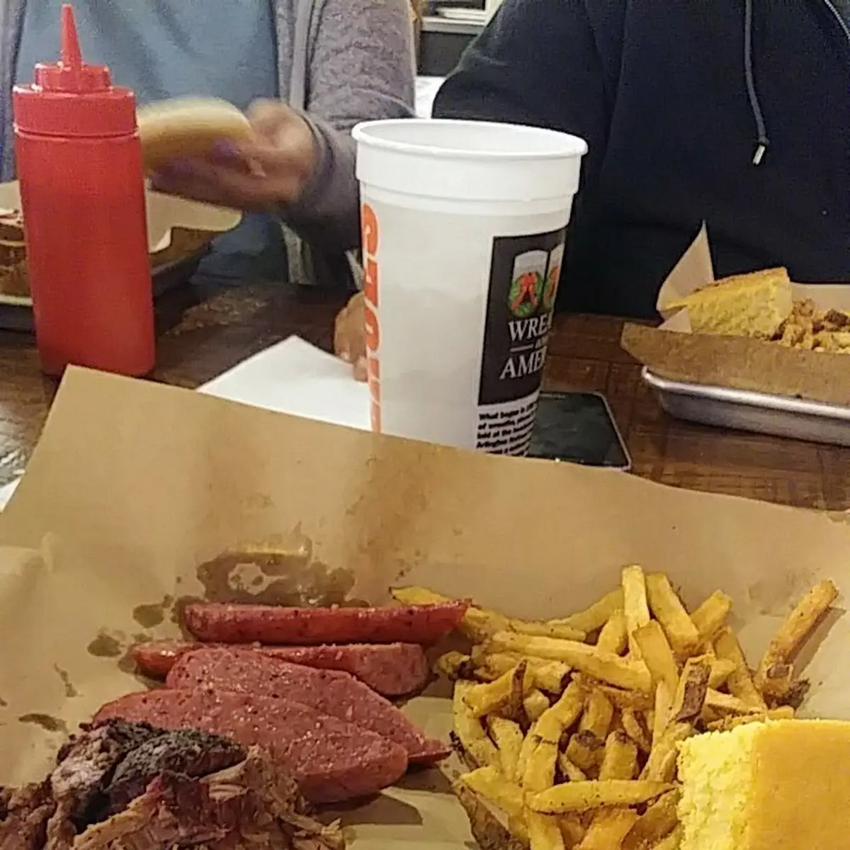 Brisket & Sausage Plate with French Fries & Cornbread