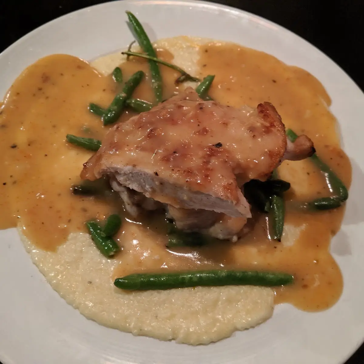 Pan-Fried Chicken Breast with Chipotle Pan Gravy Cheddar Grits & Green Beans