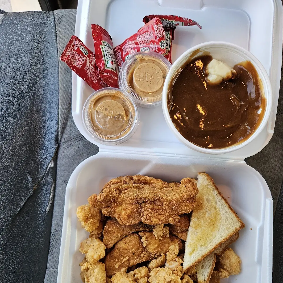 Catfish & Shrimp Platter w Mashed Potatoes and Brown Gravy