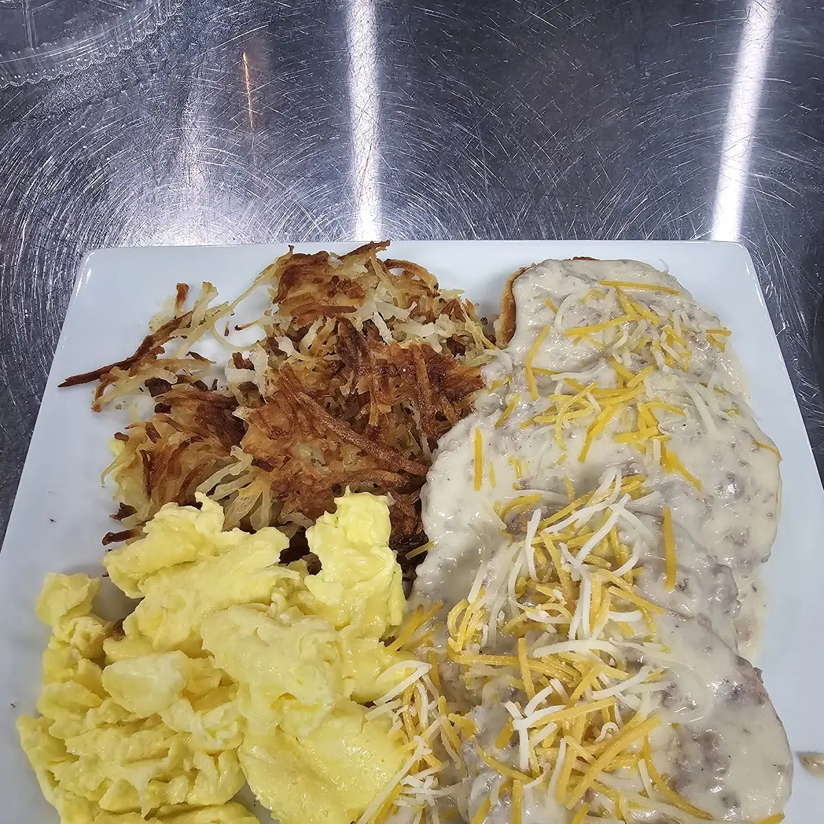 Biscuits and Gravy 2 Scrambled Eggs and Hashbrowns