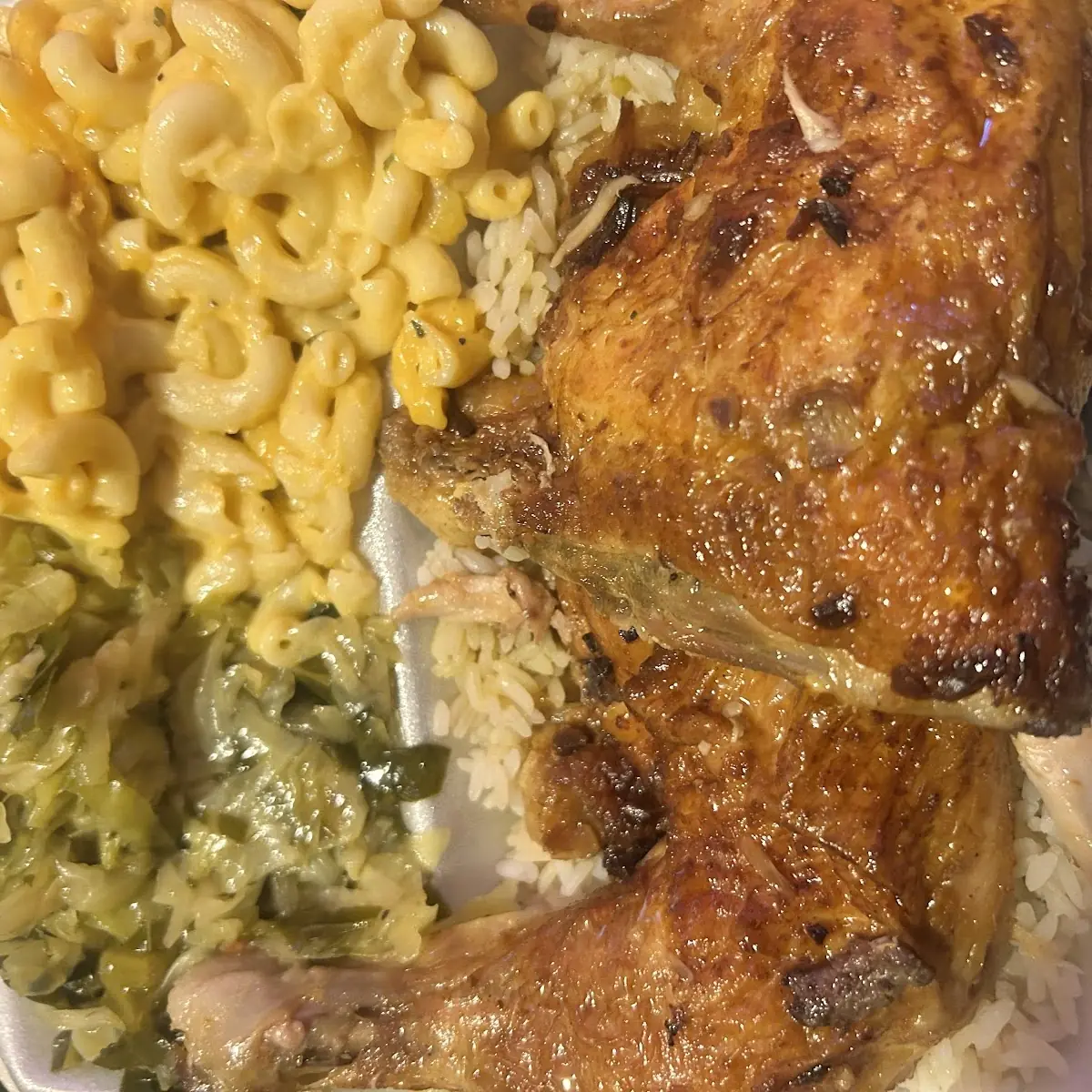 Baked Chicken White Rice Cabbage and Mac&Cheese