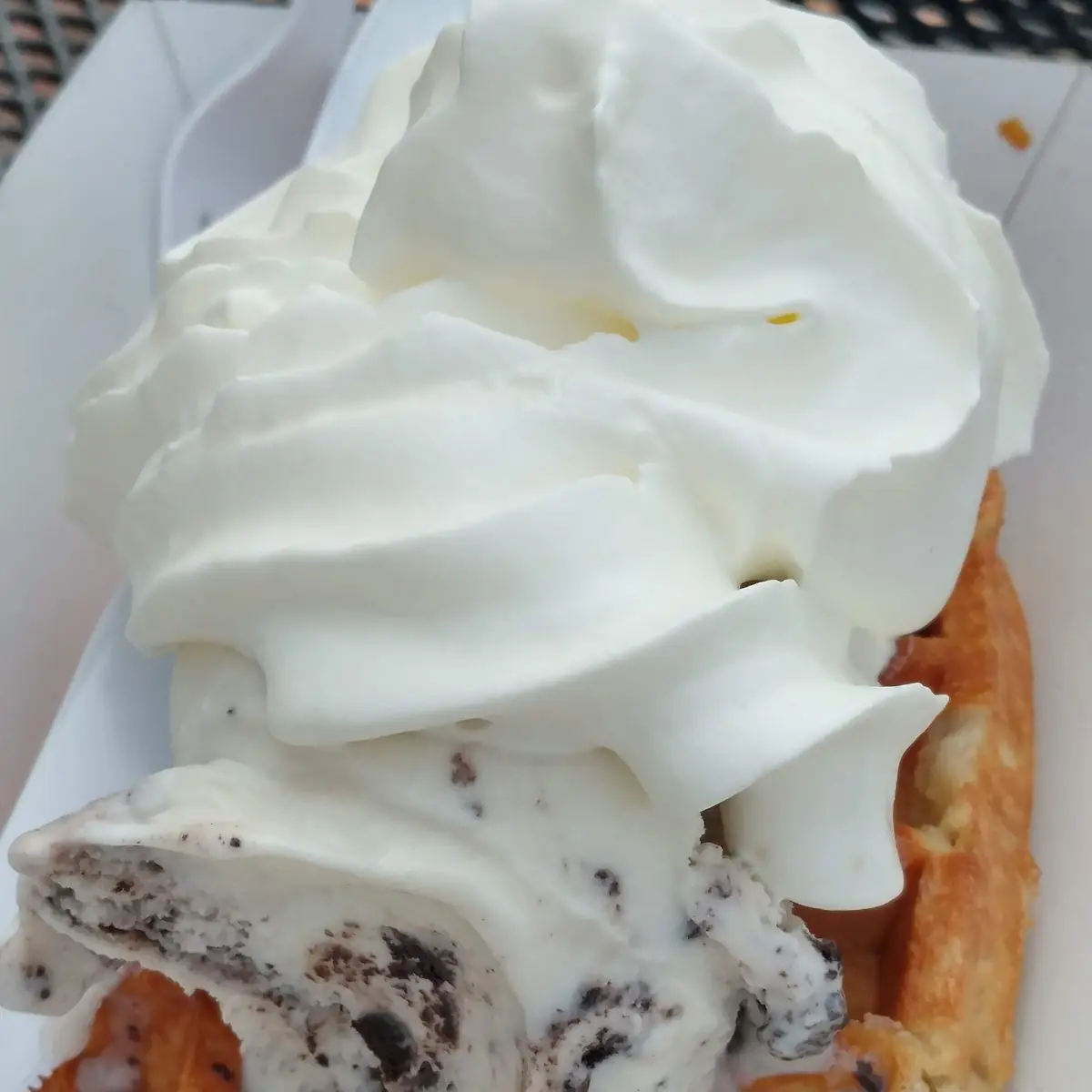 Belgian Waffle with Two Scoops Cookies and Cream and Raspberry Crunch