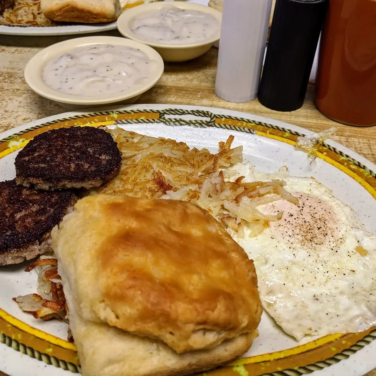 Egg Sausage Biscuit Hashbrown and Gravy