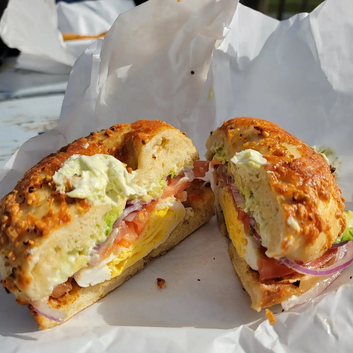 Pesto and Egg on Garlic Parmesan Bagel