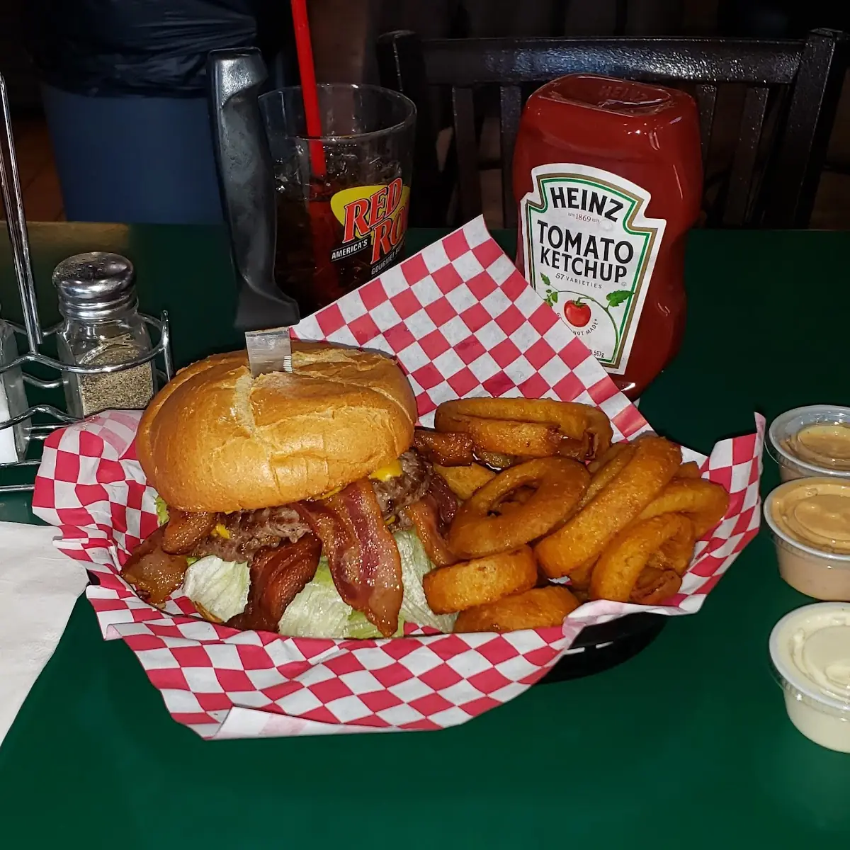 Double Bacon Cheeseburger with Onion Rings