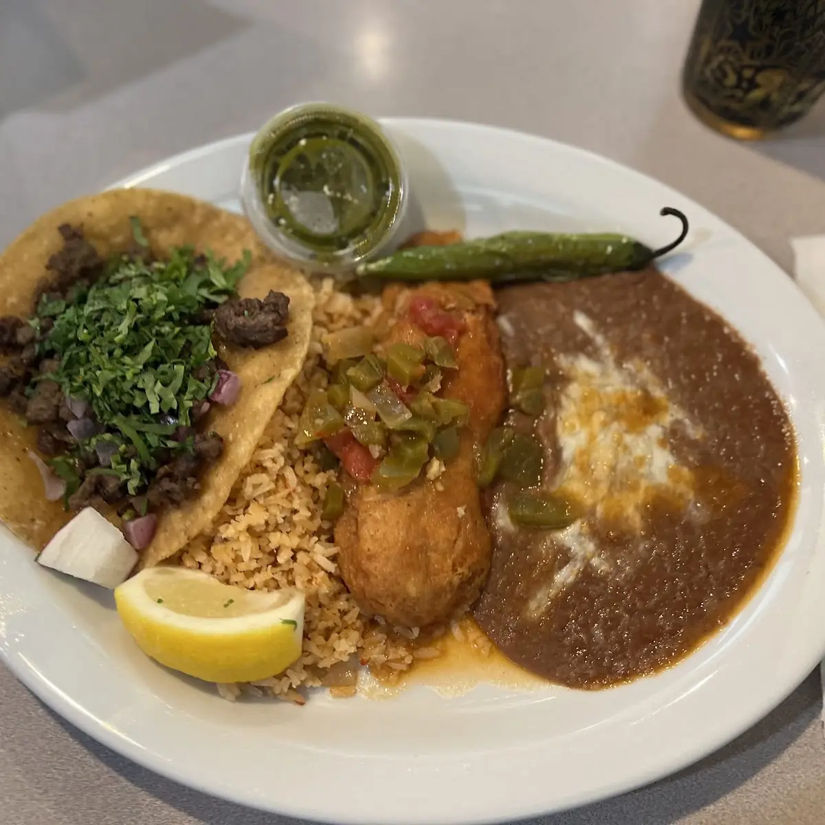 Chili Relleno & Soft Taco w Rice & Beans