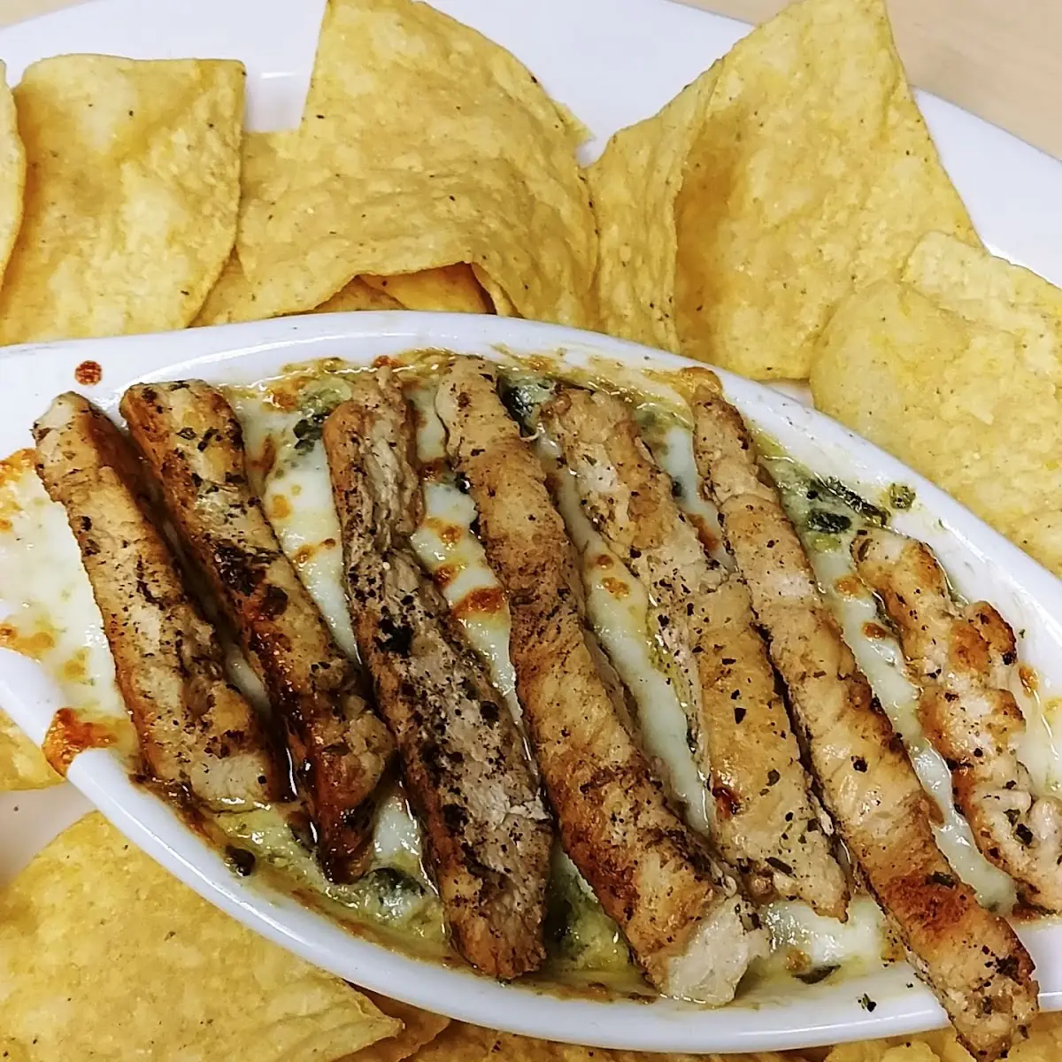 Spinach Artichoke Dip with Grilled Chicken with Tortilla Chips