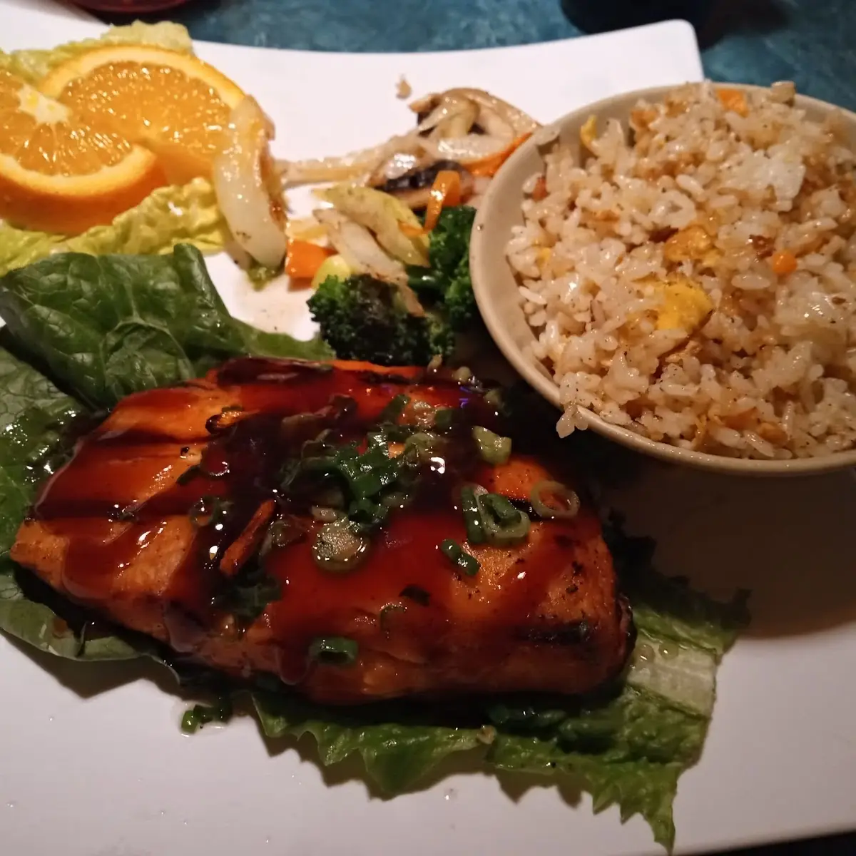 Grilled Salmon with Fried Rice and Vegetables