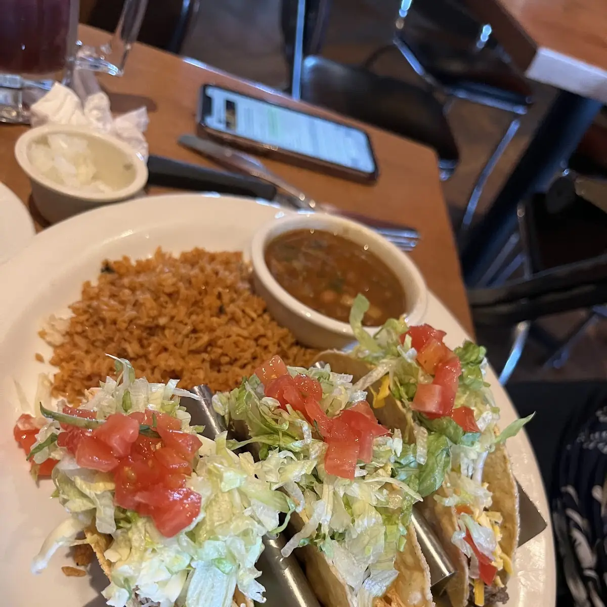 Chicken and Ground Beef Hard Shell Tacos with Beans and Spanish Rice