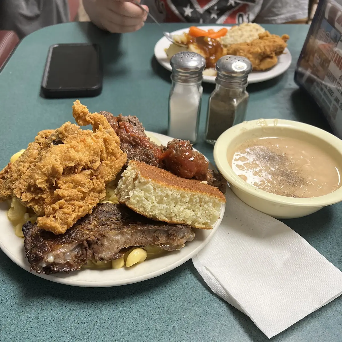 Fried Chicken Ribs Meatloaf Cornbread Mac and Cheese and Northern Beans