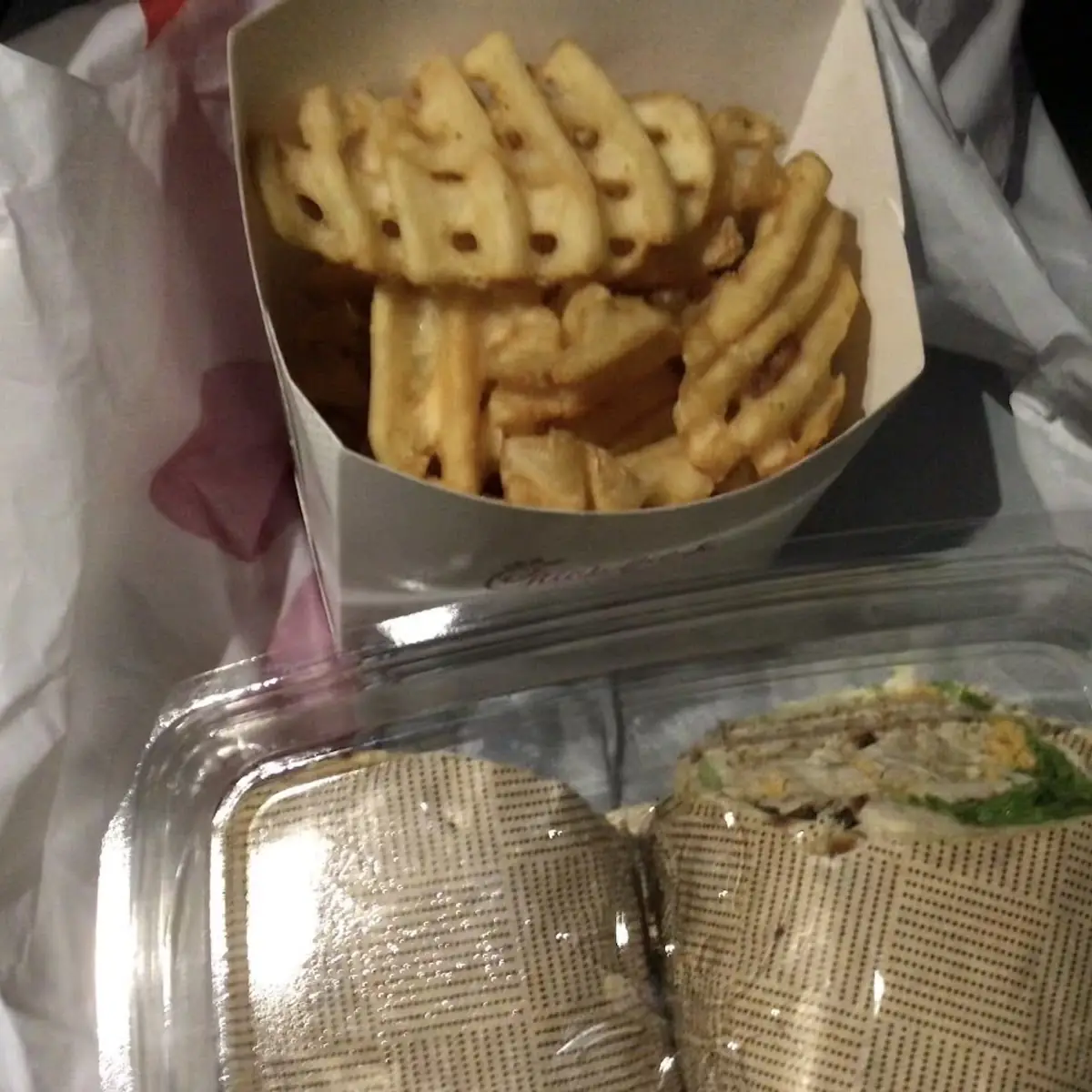 Grilled Chicken Wrap and Waffle Fries