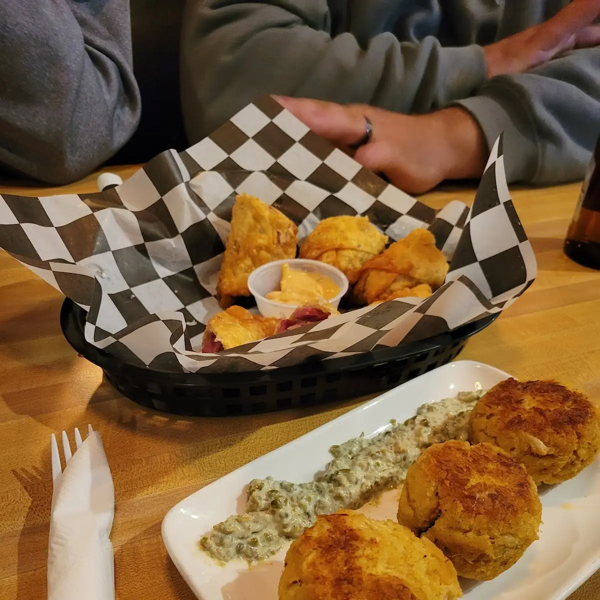 Reuben Egg Rolls and Crab Cakes