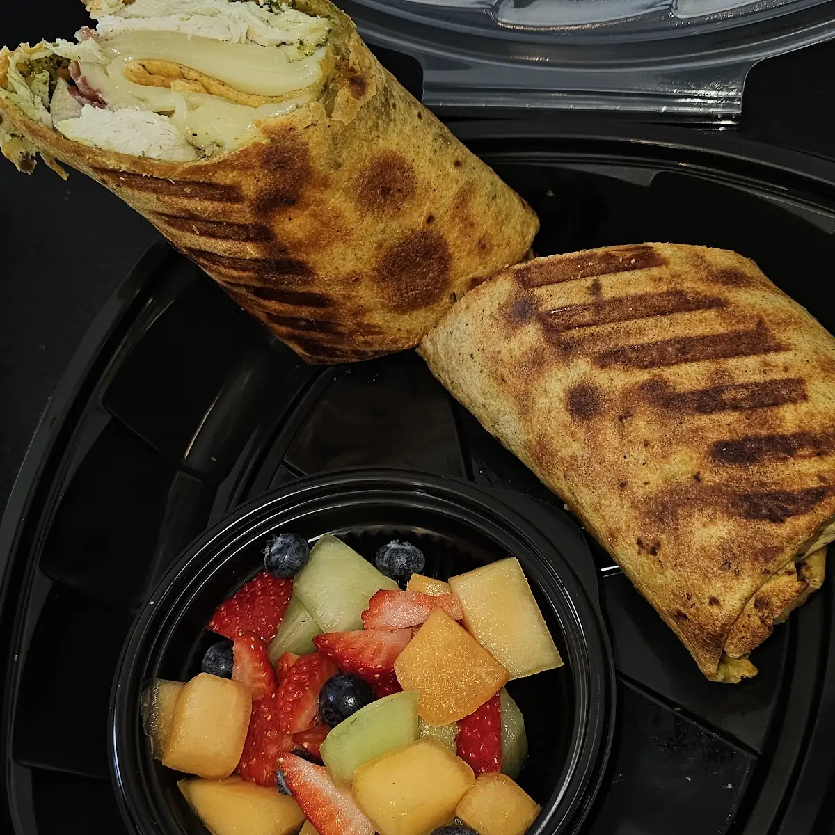 Chicken Pesto Panini with Fruit Salad