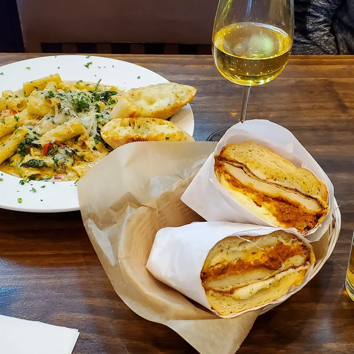 Chicken Parm Sandwich and Pasta Primavera