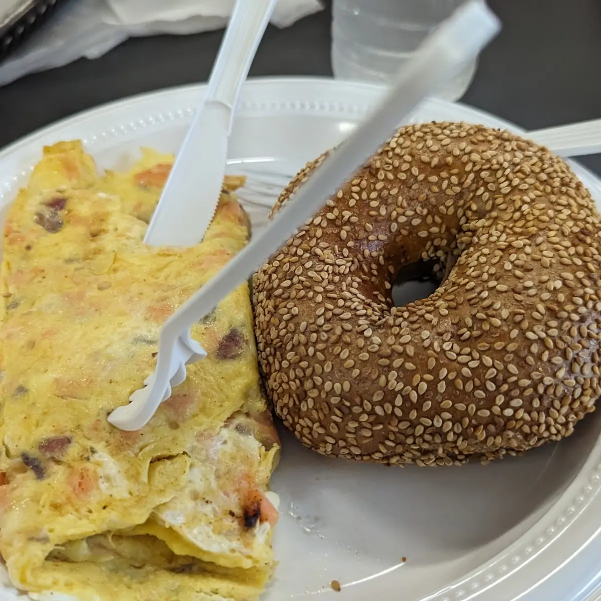 Lox and Caramelized Onion Omelet with Whole Grain Sesame Bagel