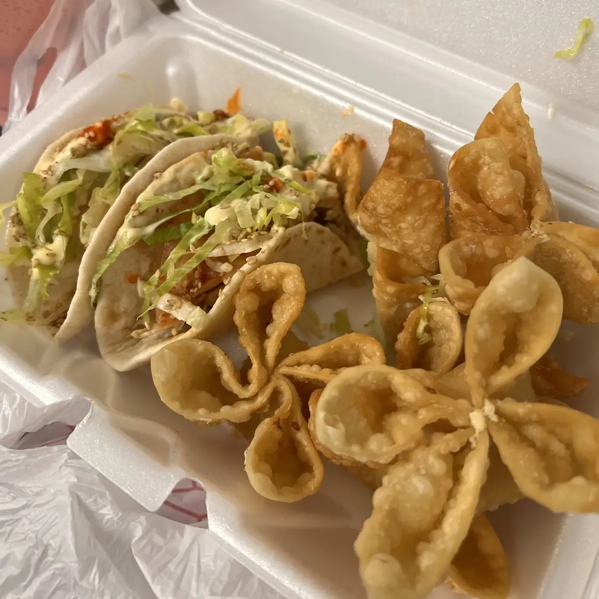3 Chicken Tacos and Crab Rangoon