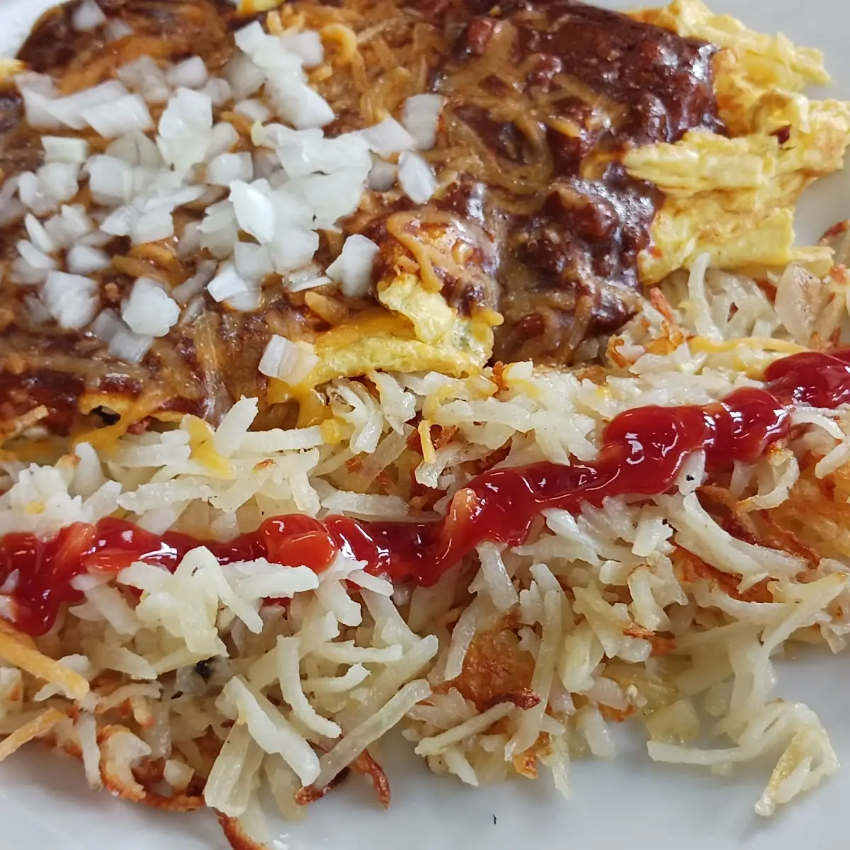 Chili Cheese Omelet with Hash Browns