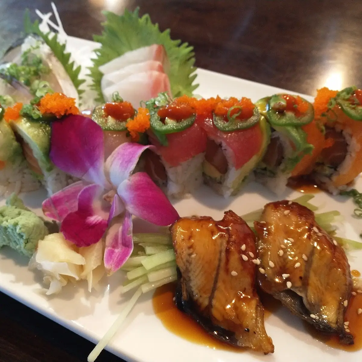Medium Rare Roll with Eel Sashimi Mackerel Sashimi & Tuna Belly Sashimi