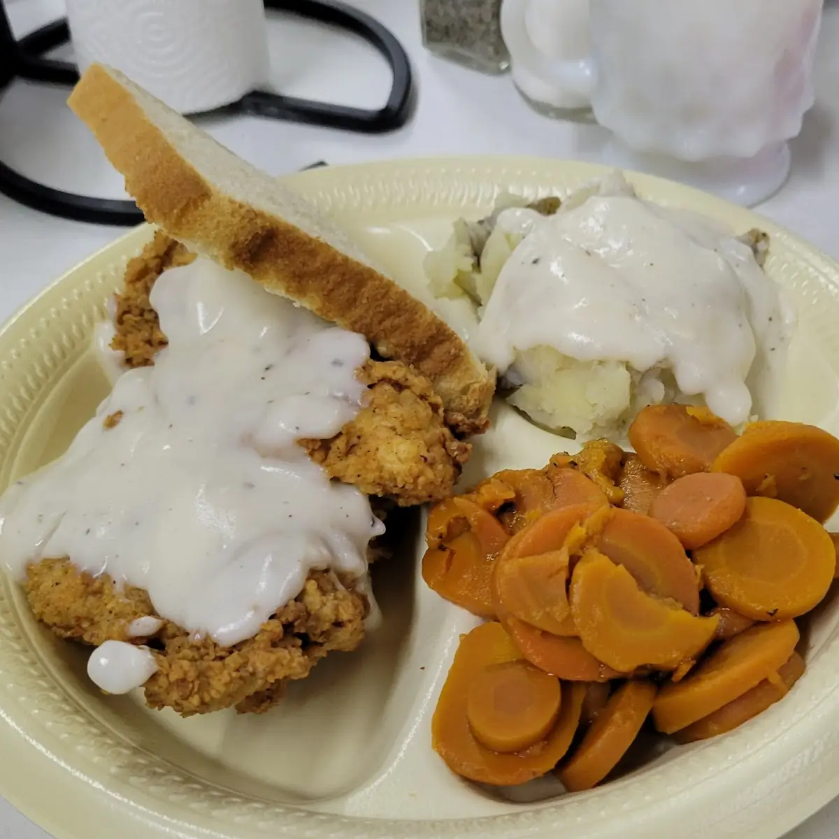 Chicken Fried Chicken with Mashed Potatoes and Carrots