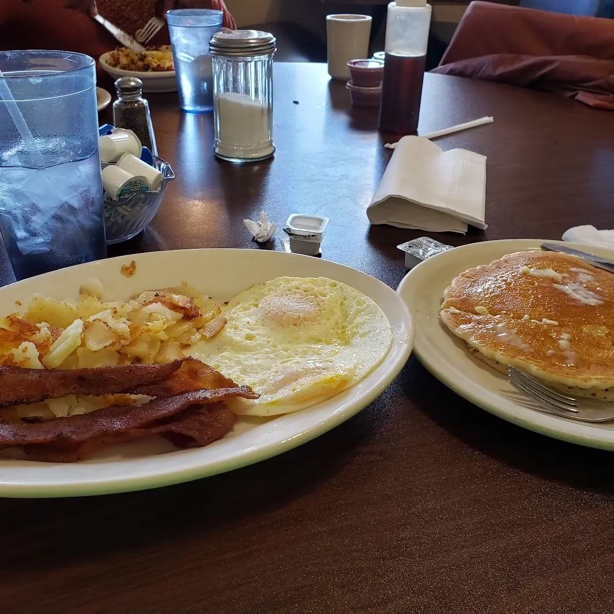 Eggs Bacon American Fries and Pancakes