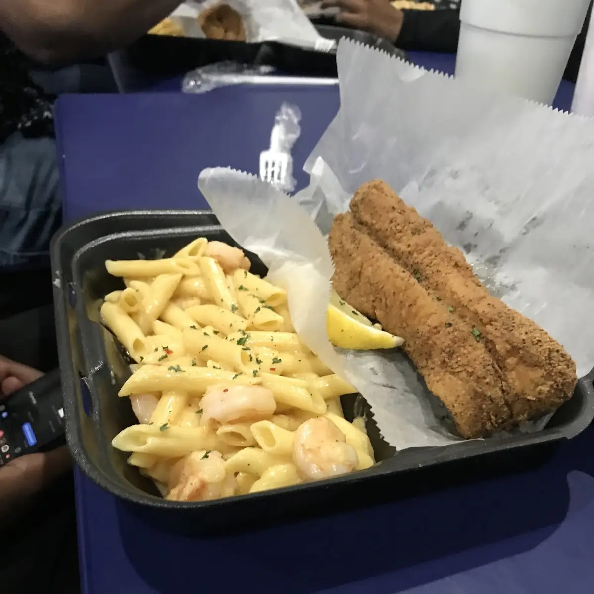 Shrimp Pasta and Fried Fish