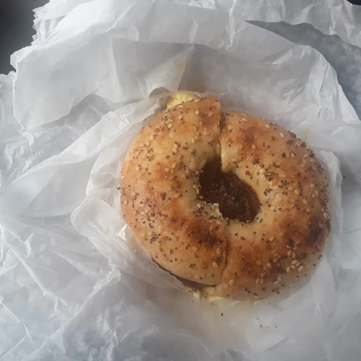 Sausage Egg and Cheese on a Toasted Everything Bagel