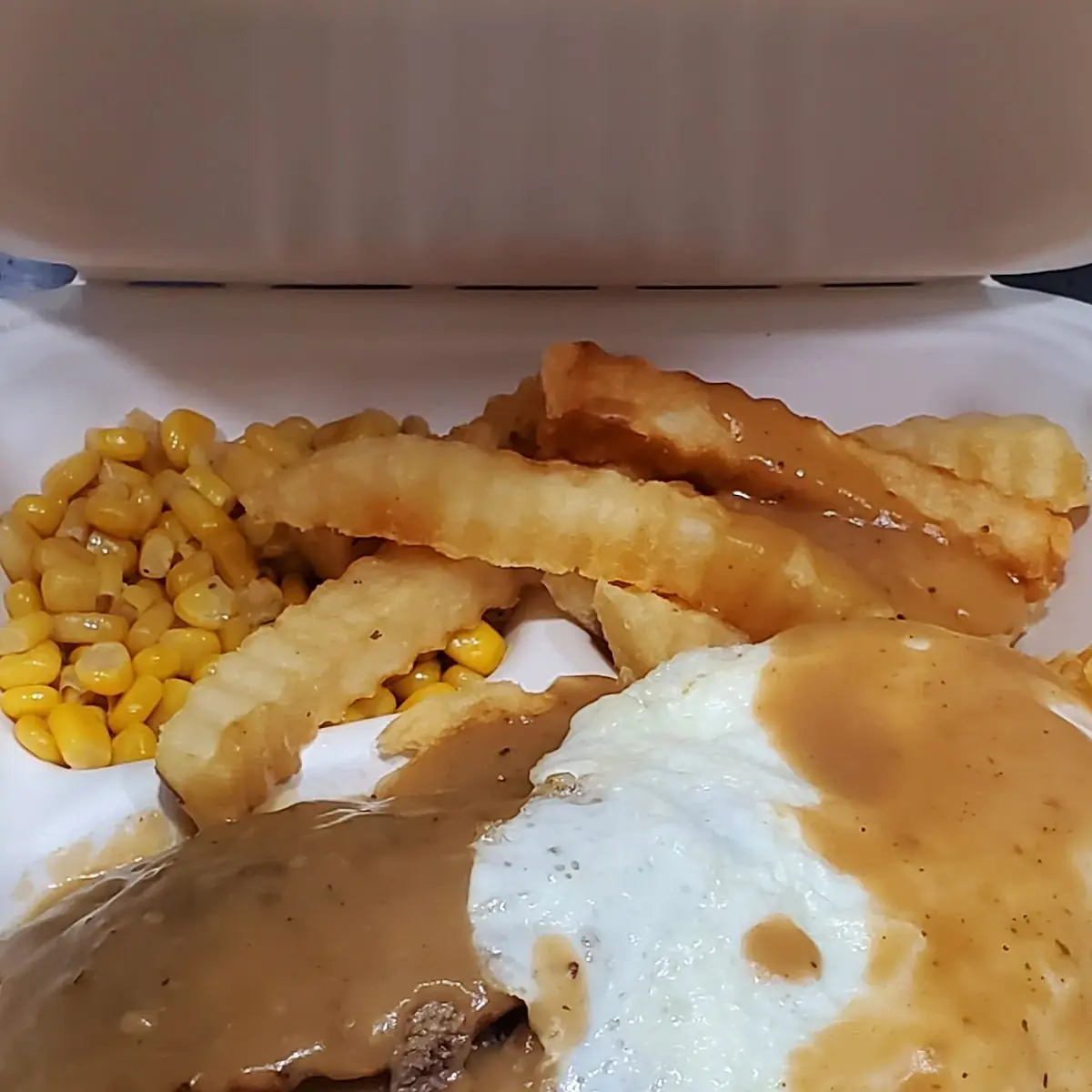 Loco Moco Plate Lunch with Fries and over Easy Egg