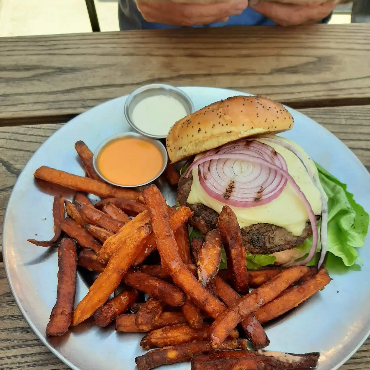 Cheeseburger with Grilled Onions and Sweet Potatoes