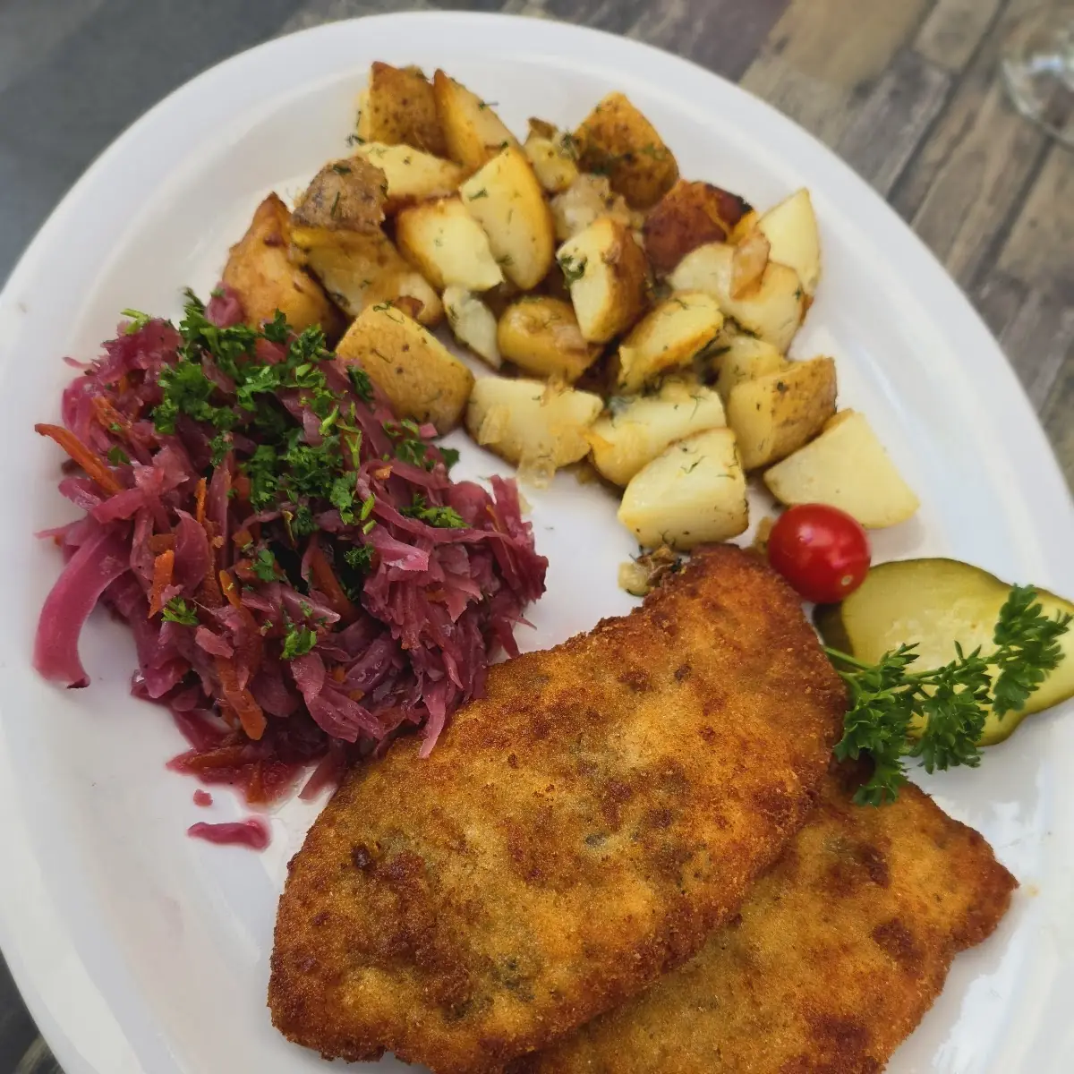 Chicken Cutlets Red Cabbage & Roasted Potatoes