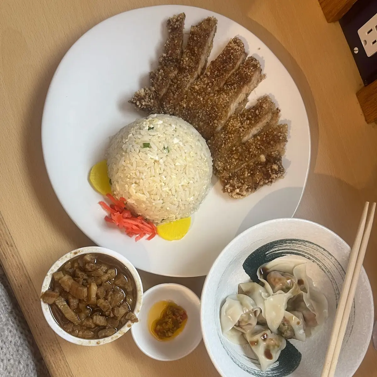 Fried Pork Chop Fried Rice and Wonton