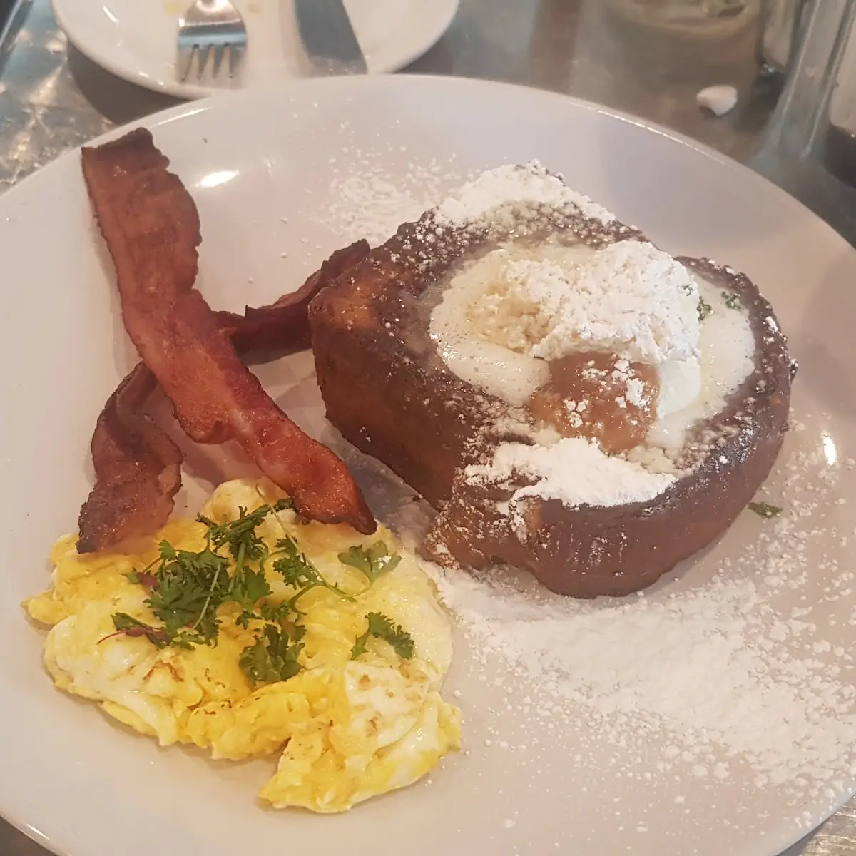 French Toast with Scrambled Eggs and Bacon