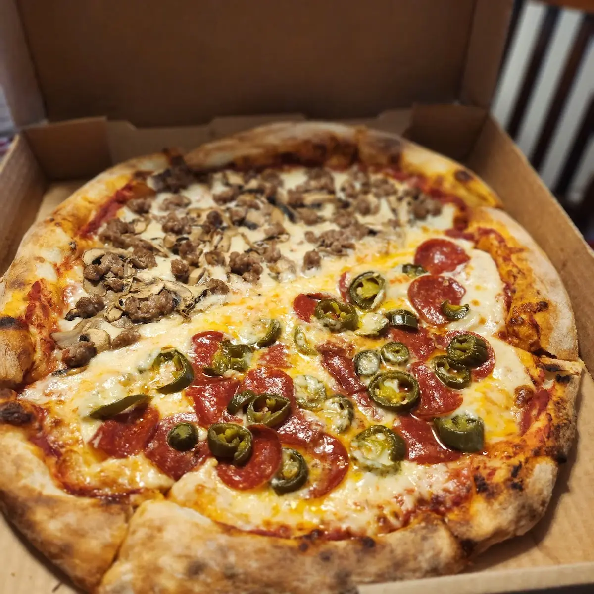 Half Pepperoni and Jalapenos Half Ground Beef