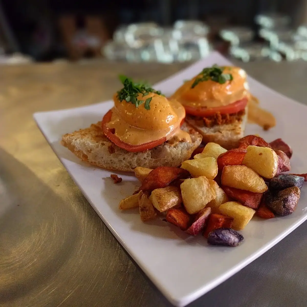Chorizo Eggs Benedict and Potatoes
