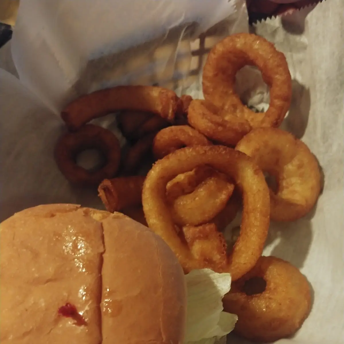 Bacon Cheese Burger and Onion Rings
