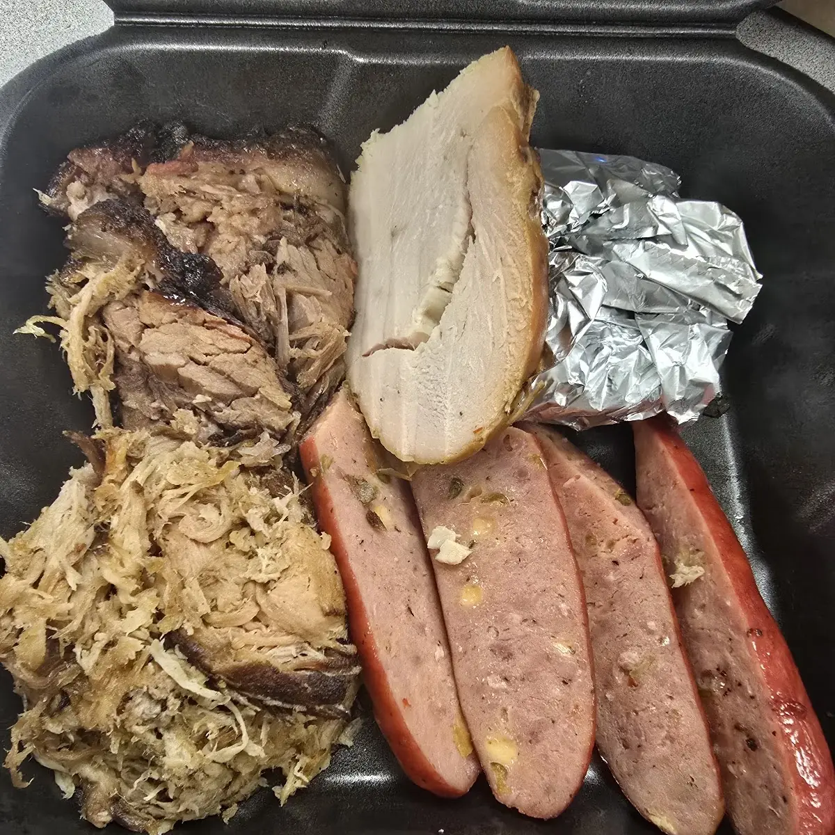 3 Meat Sampler Brisket Pulled Pork and Cheddar Jalapeños Sausage