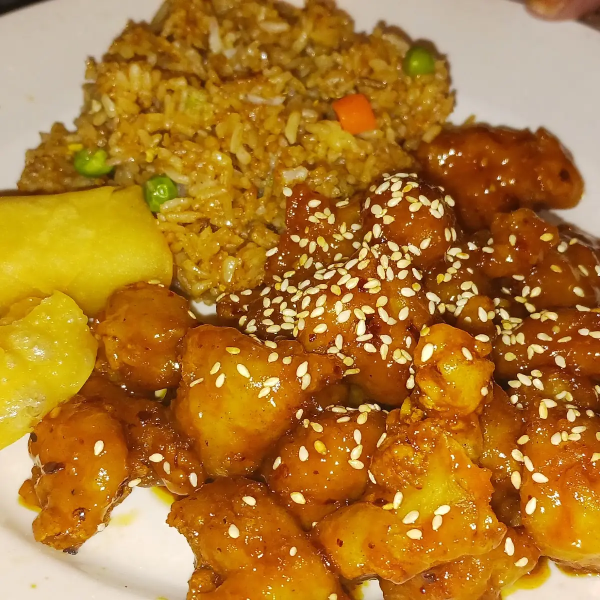 Sesame Chicken Pepper Steak and Spring Roll